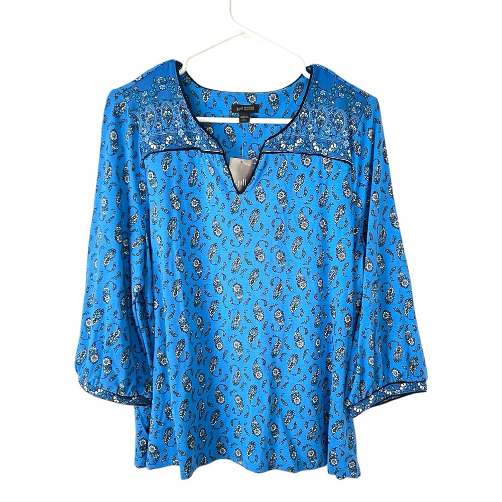 J Jill Wearever Blue Paisley Top Size LP